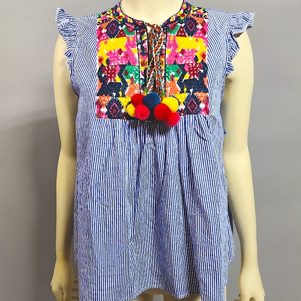 Bohemian Embroidery Resort Cotton Southwest Denim Striped Pom Pom Antelope SZ LP